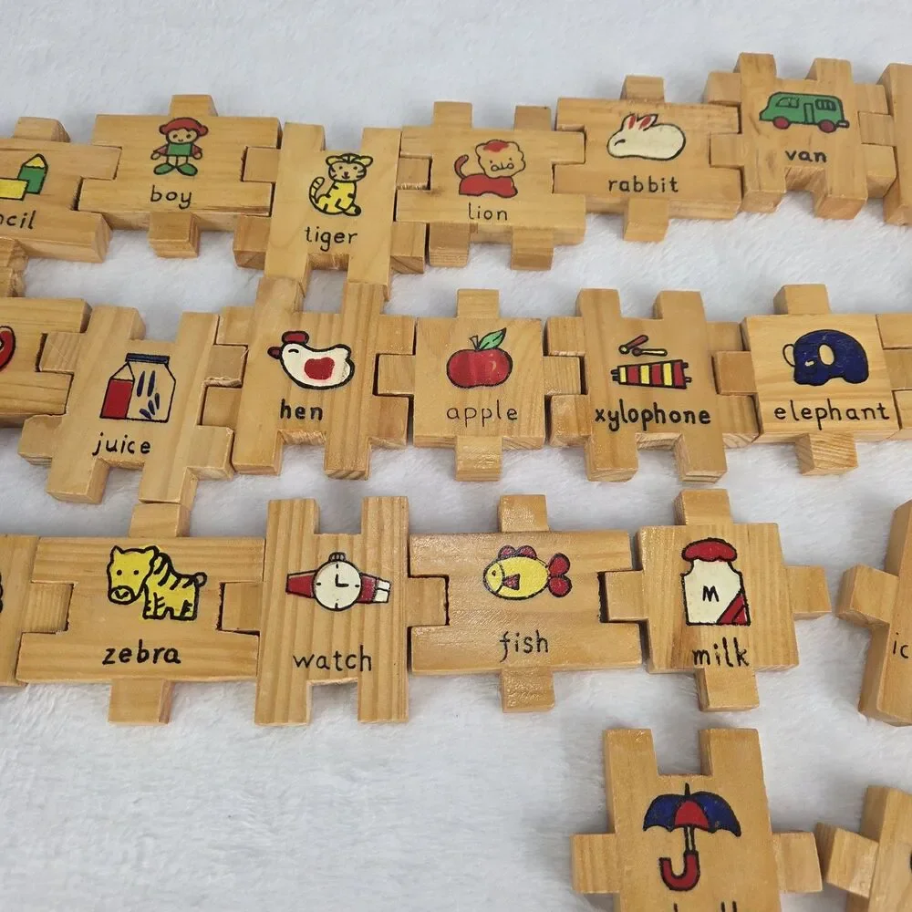 Vintage Wooden Interlocking Alphabet & Number Blocks Set of 36 Educational Toys